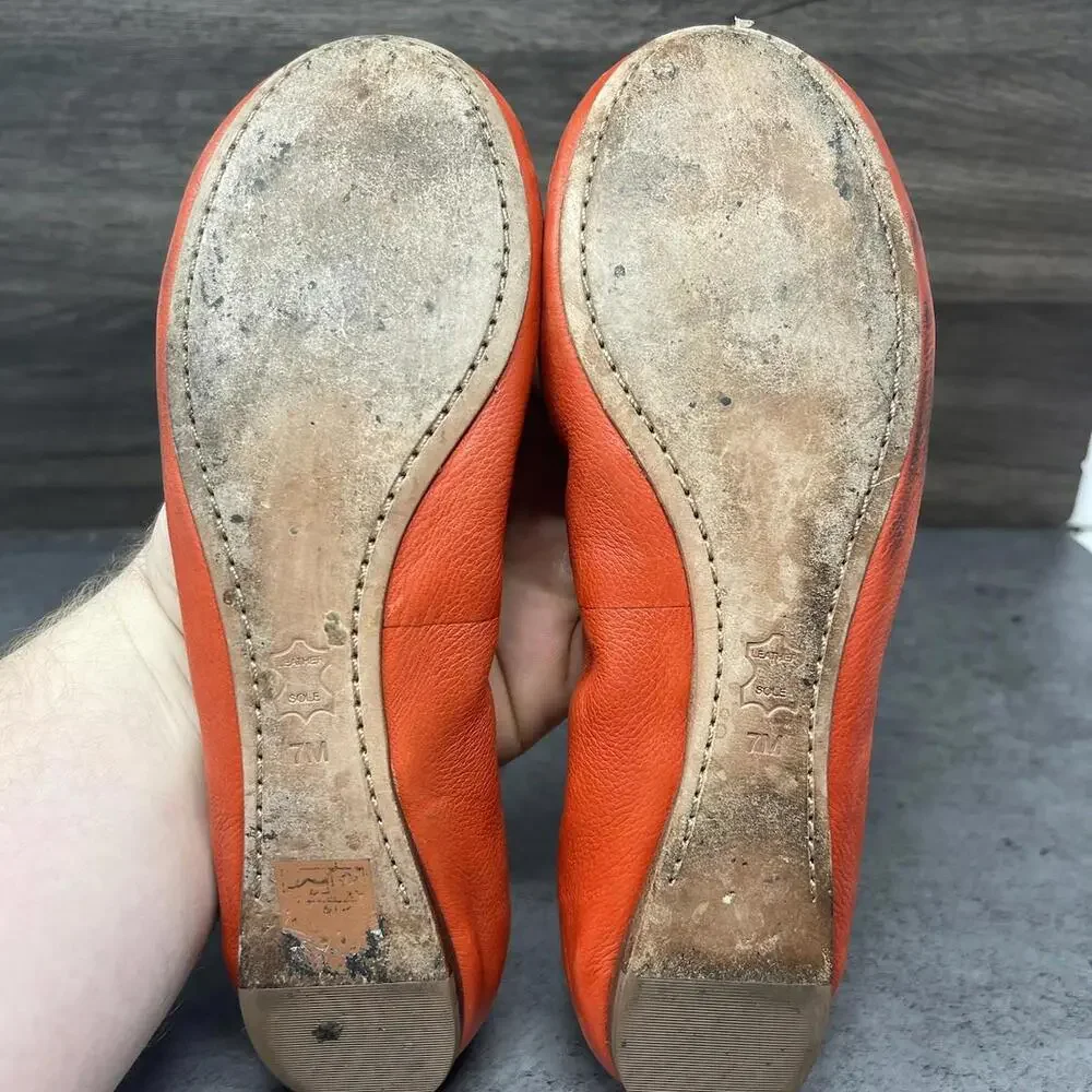 Tory Burch Flats Womens Size 7 Minnie Ballet Orange Leather Slip On Shoes